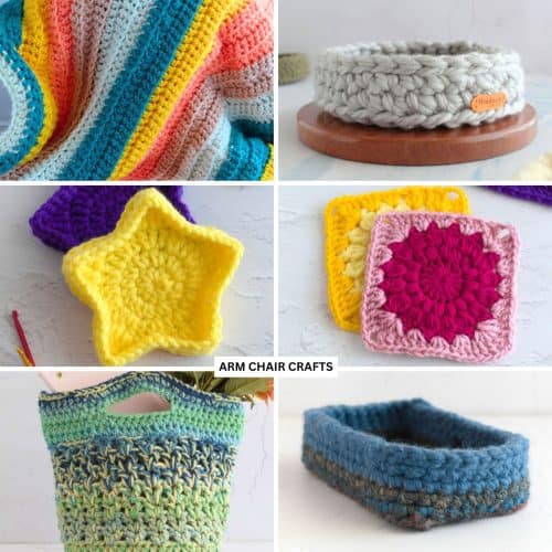 Collage of crochet projects.