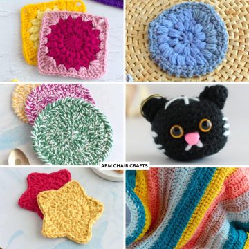 Collage of 6 crochet projects.