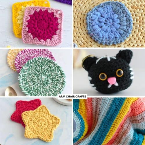 Collage of 6 crochet projects.