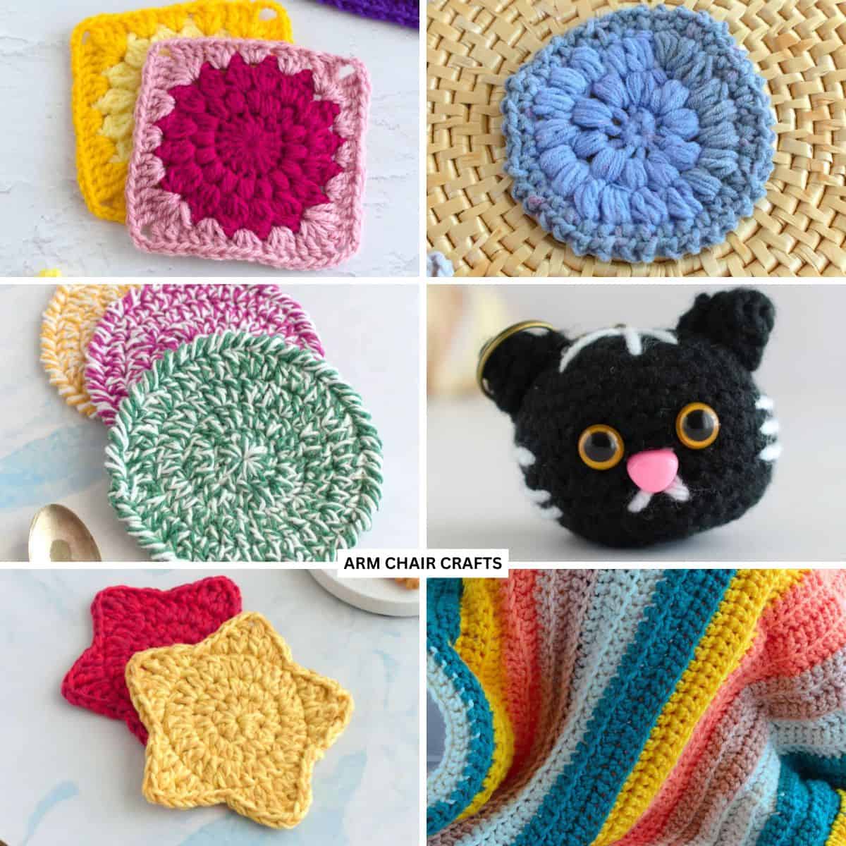 Collage of 6 crochet projects.