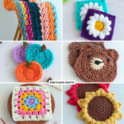 Collage of 6 crochet projects.