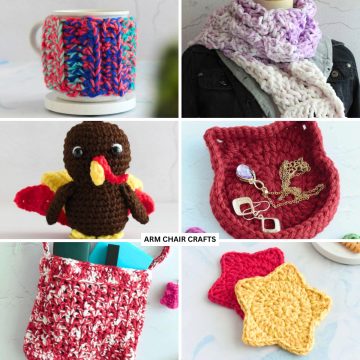Collage of crochet projects.