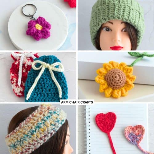 Collage of 6 crochet projects.