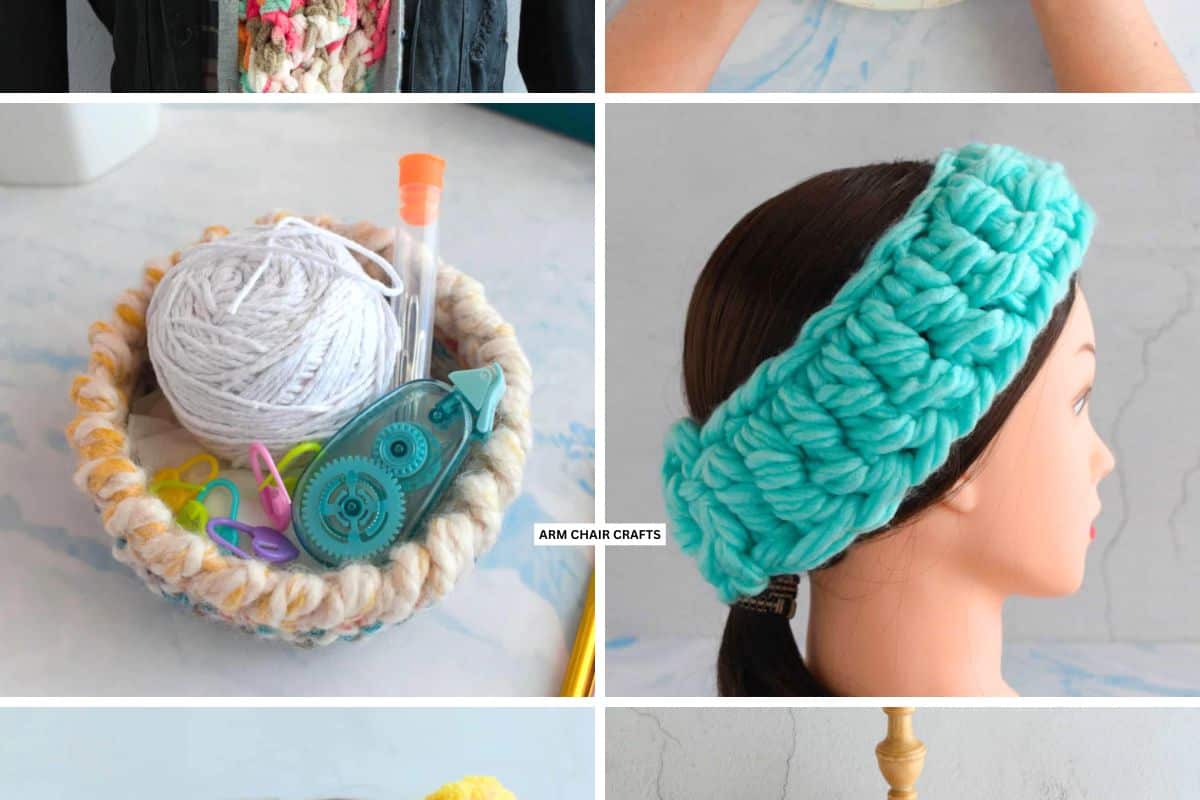 Crochet basket and crochet headband on a mannequin.