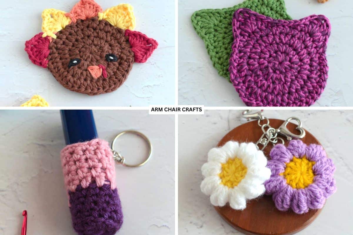 Crochet coasters, lip balm holder, and keychain.