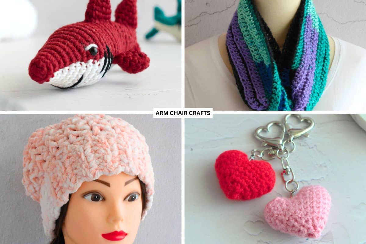 Crochet shark, scarf, beanie, and keychain.