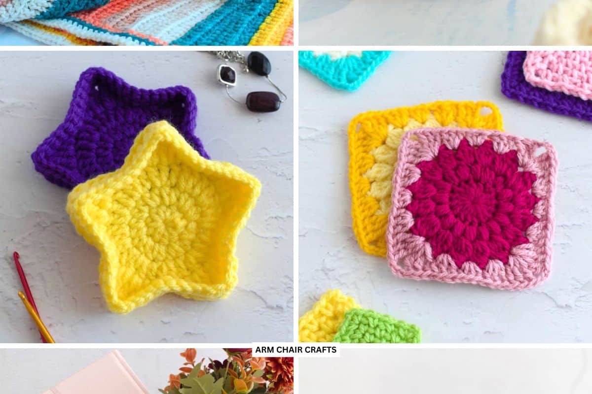 Crochet star trinket box and sunburst granny square.