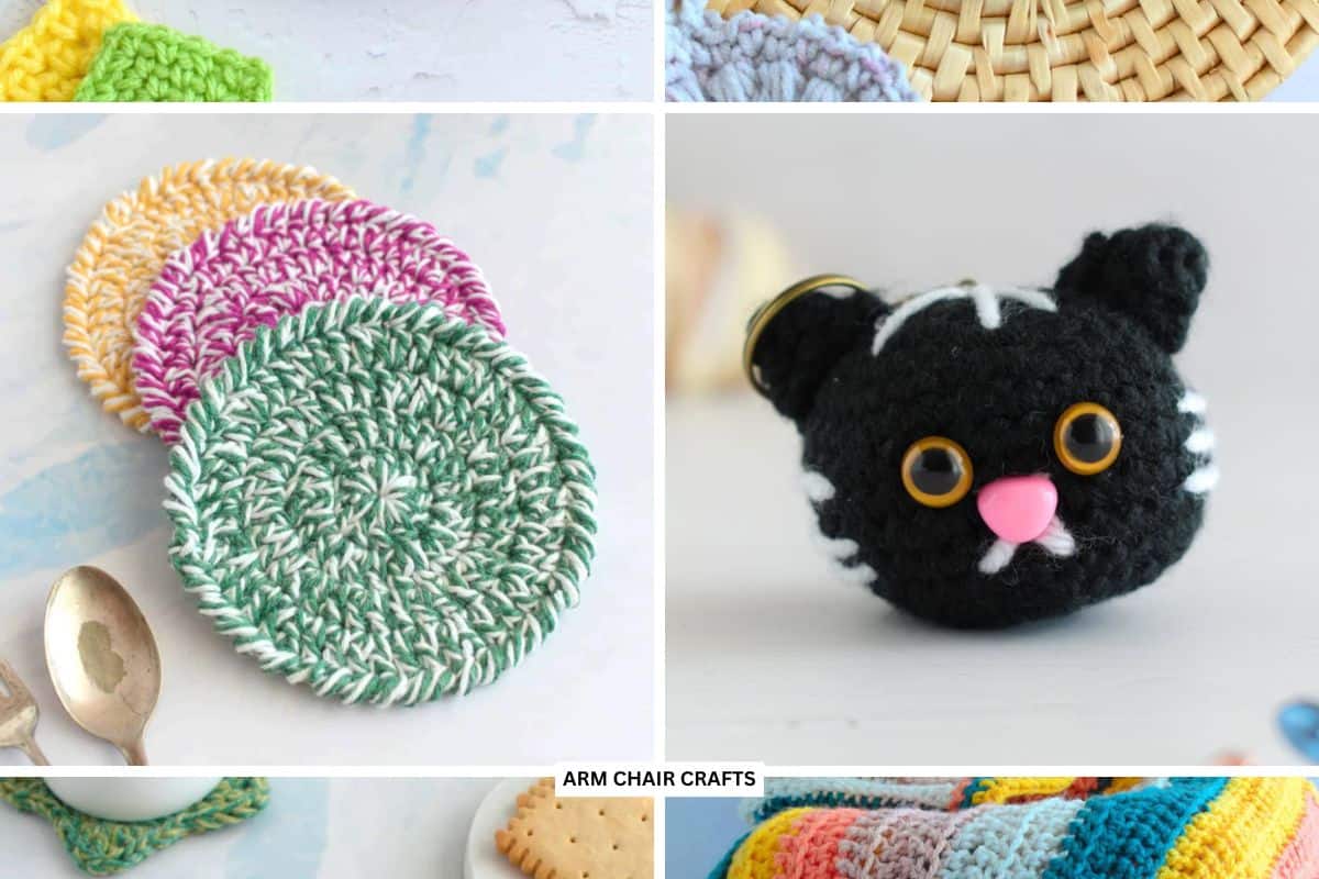 Round crochet coasters and crochet cat keychain.
