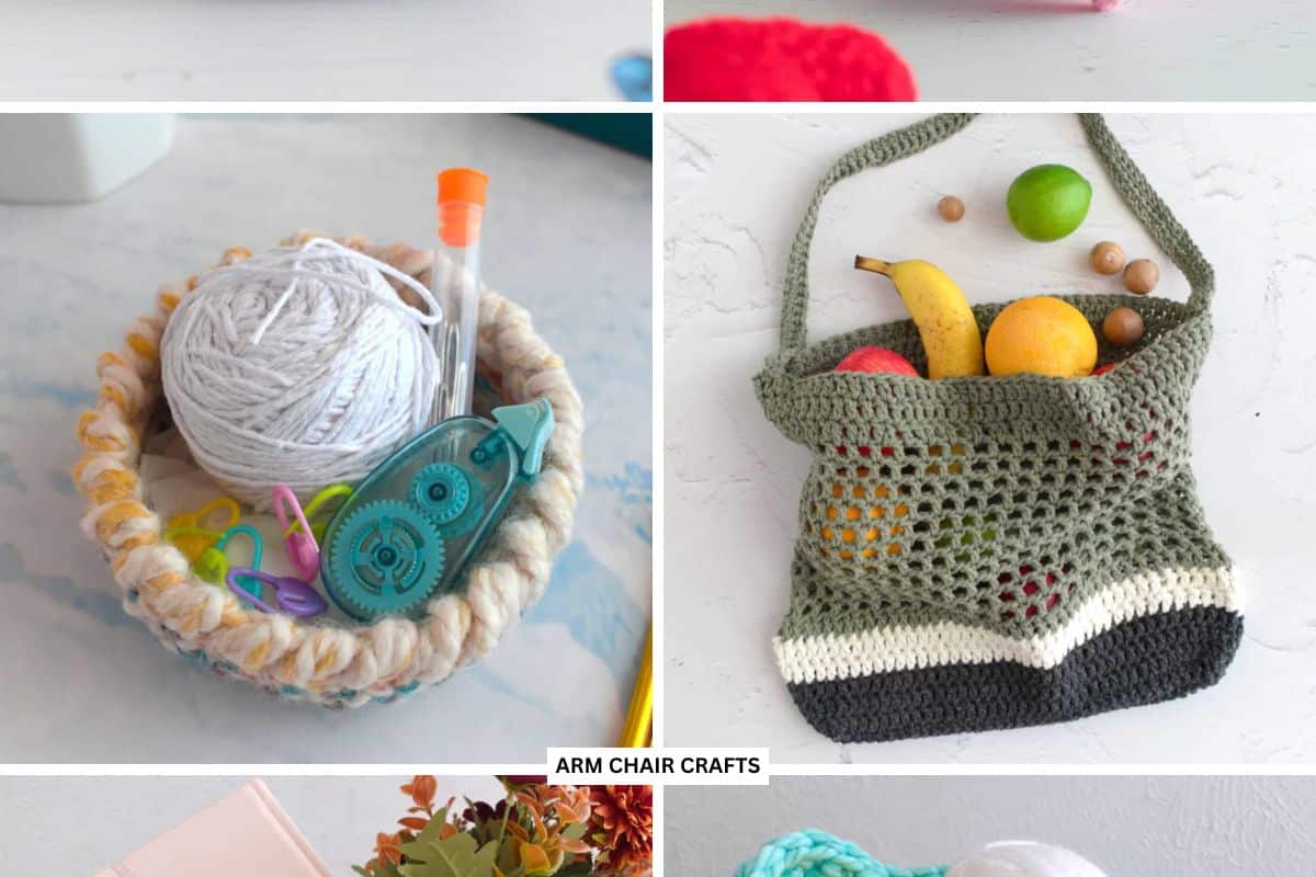 Crochet basket and mesh crochet bag.