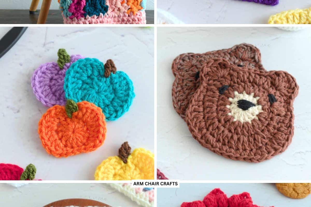 Crochet pumpkin motifs and bear coasters.