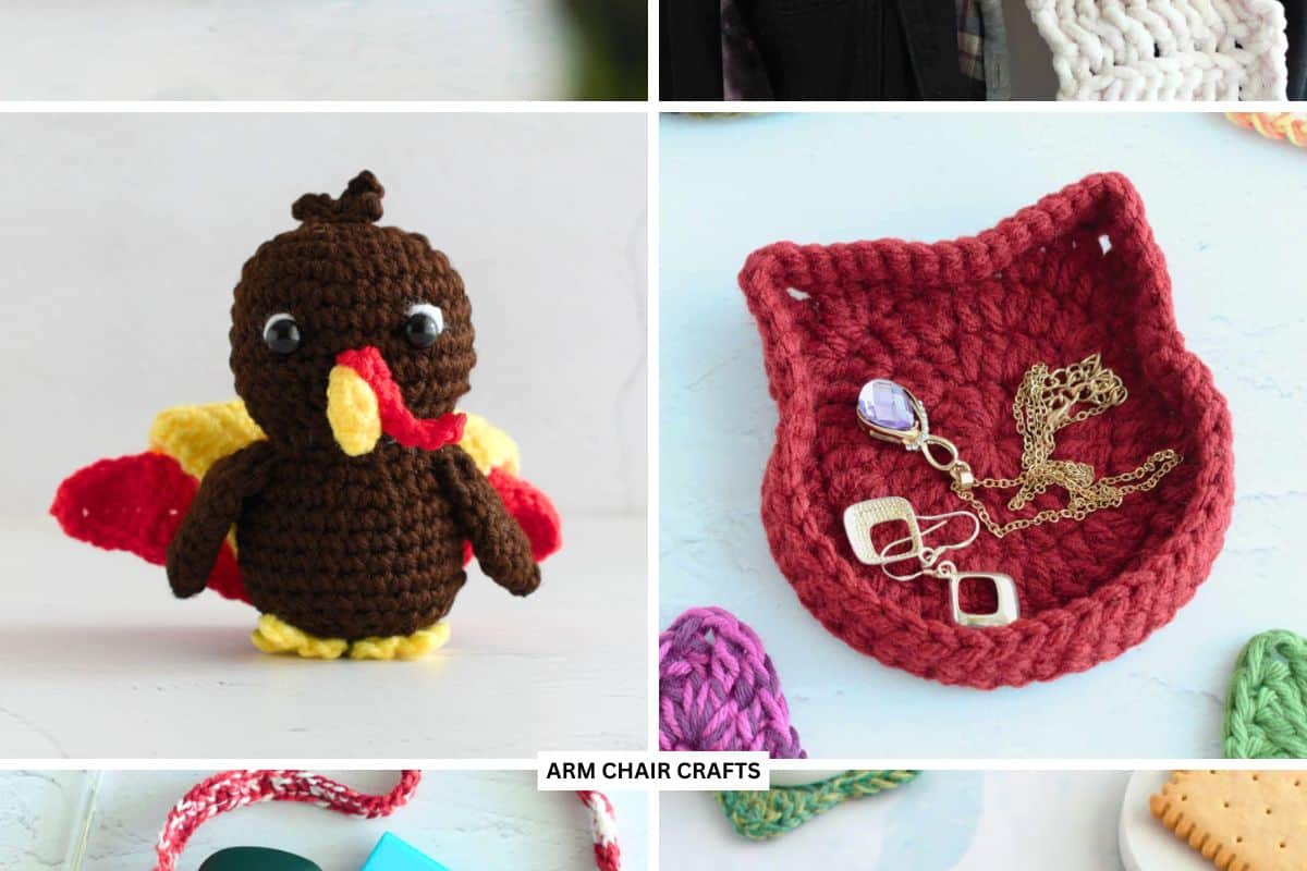 Crochet turkey and cat trinket box.