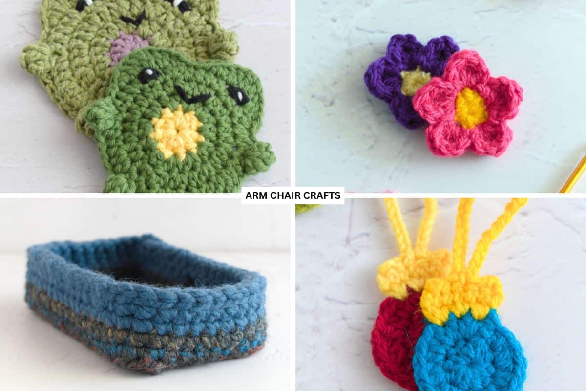 Collage of 4 crochet projects.