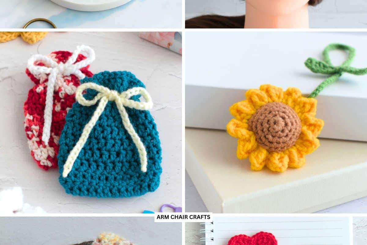 Crochet drawstring pouch and sunflower bag charm.