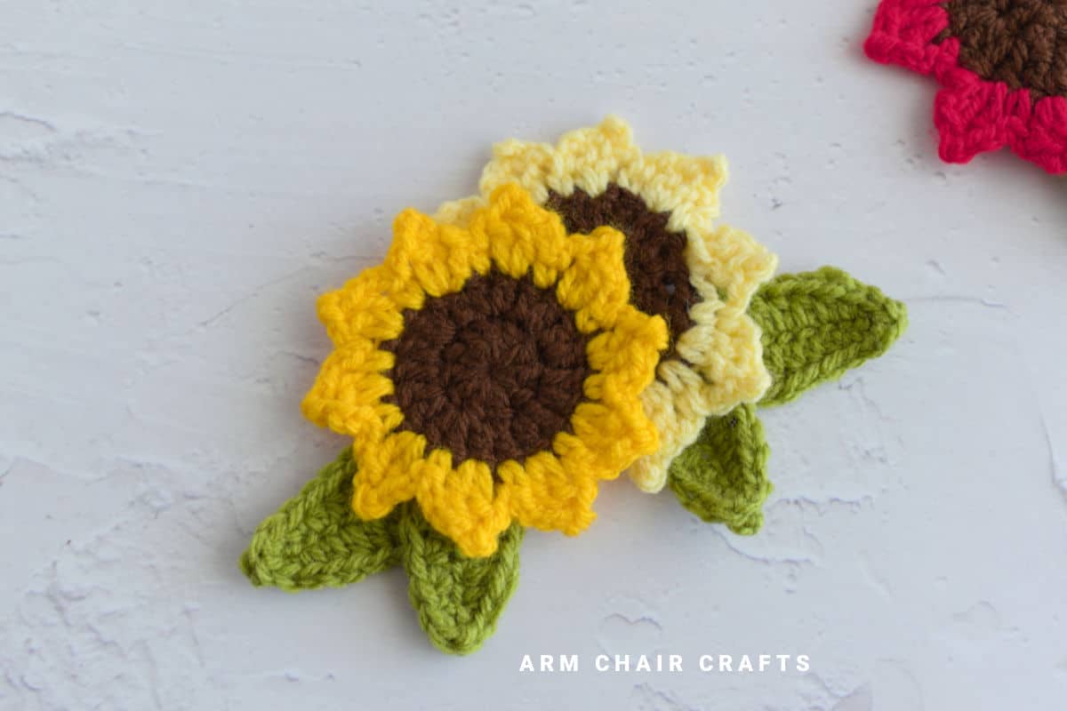Close up image of crochet sunflowers.