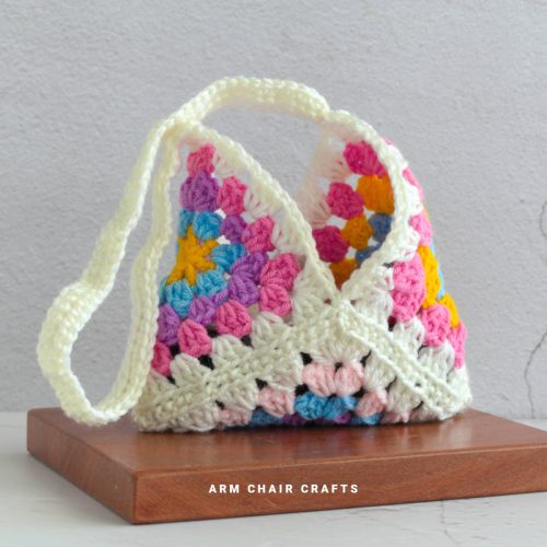 Close up image of a crochet bag.