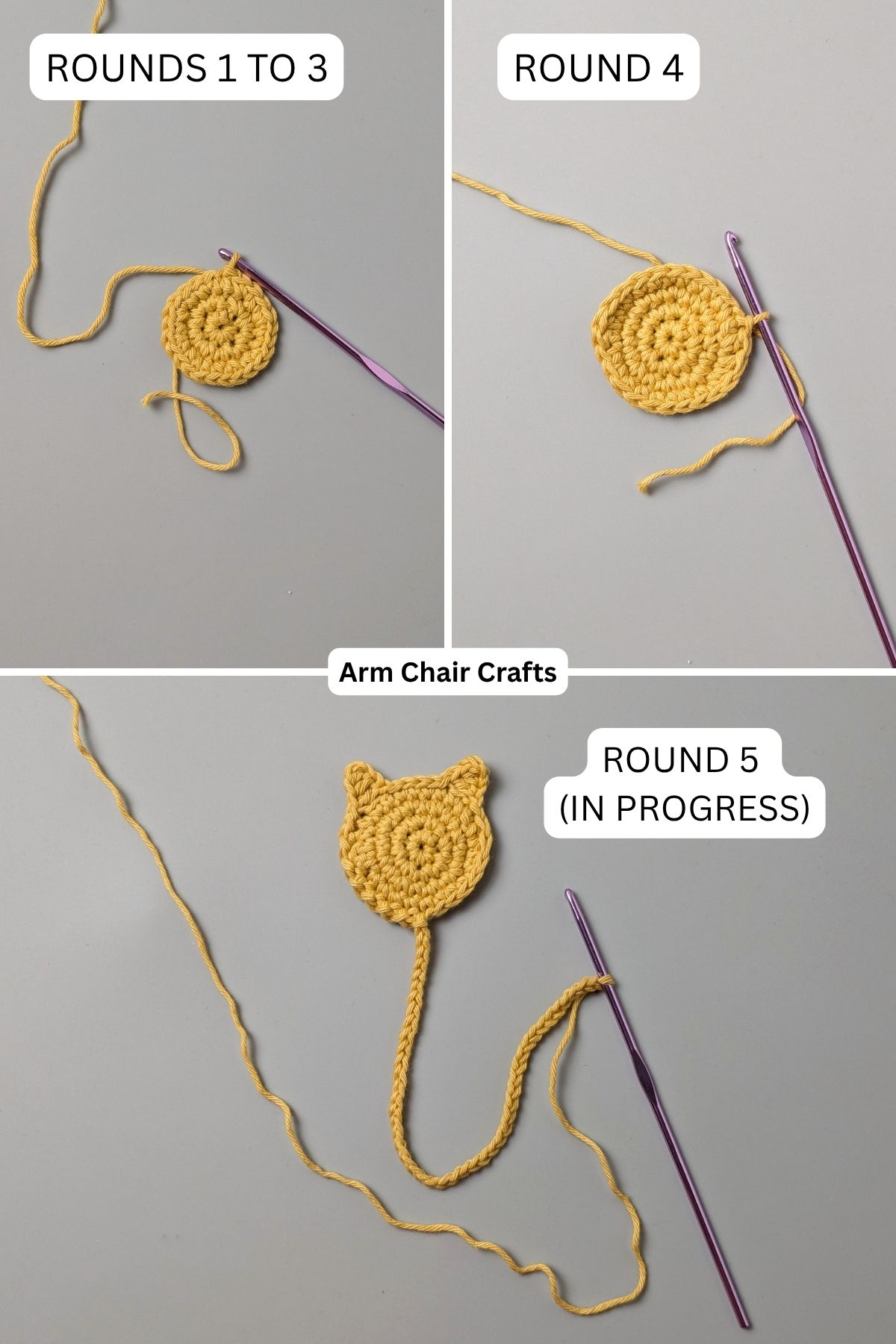Process of making a crochet cat bookmark.