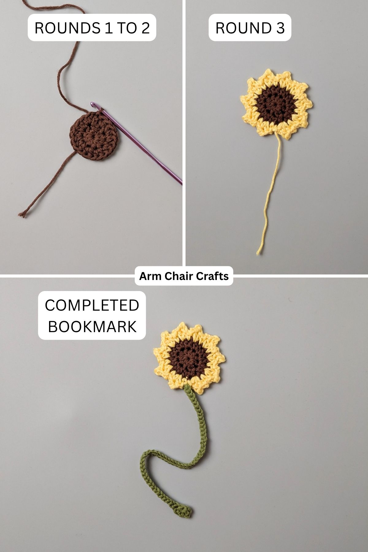 Process of making a crochet sunflower bookmark.