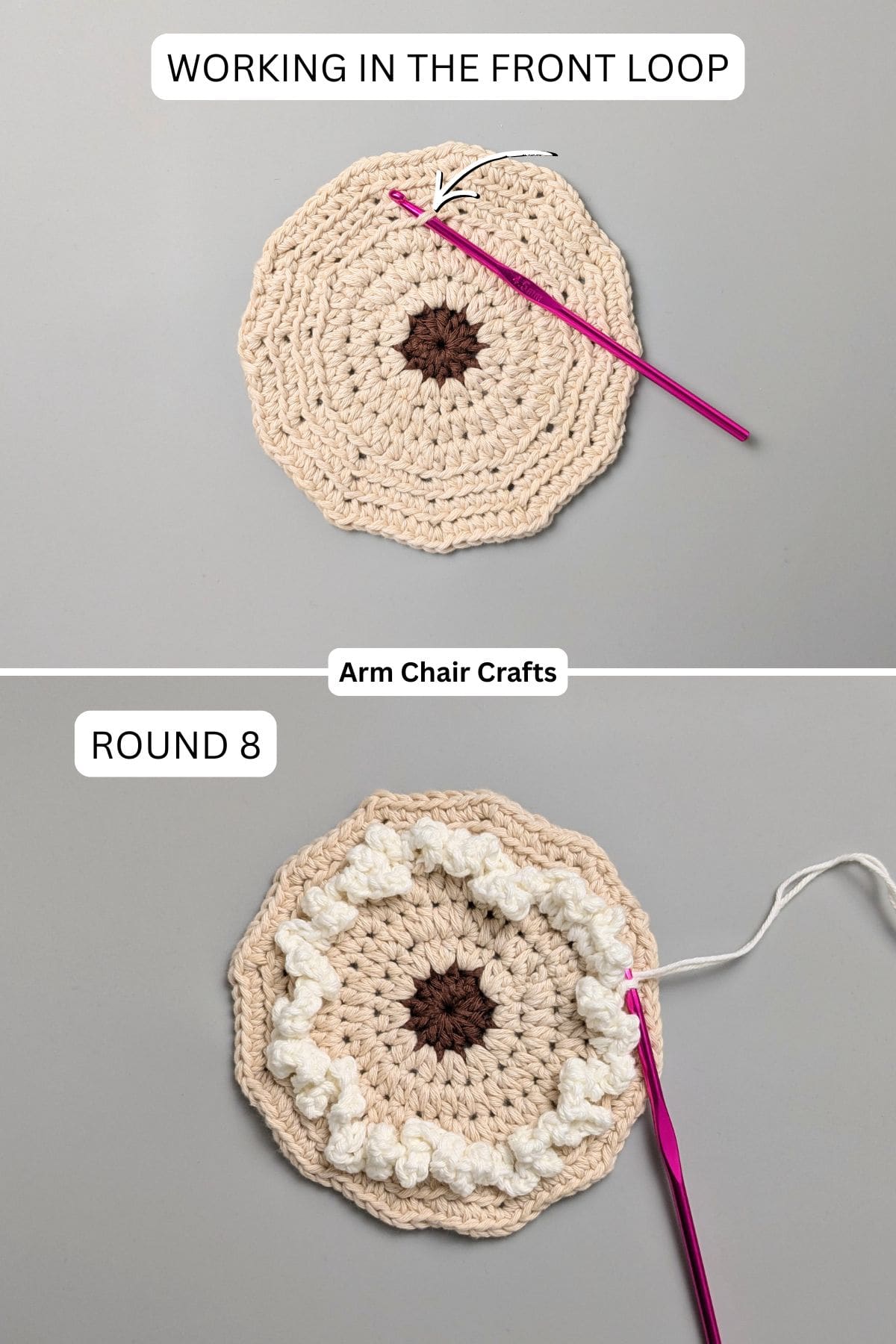 Process of making a crochet sheep coaster.
