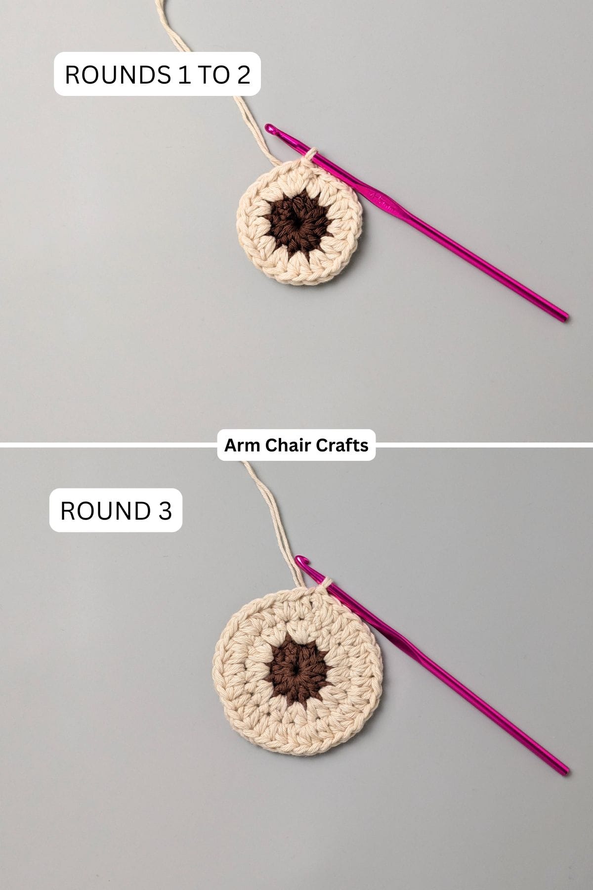 Rounds 1 to 3 for making a crochet sheep coaster.