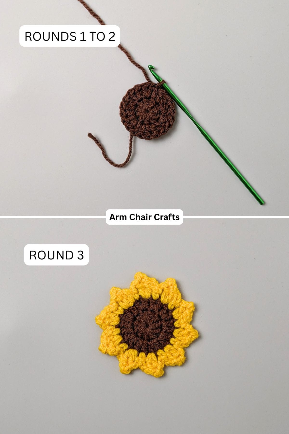 Rounds 1 to 3 for making a crochet sunflower applique.