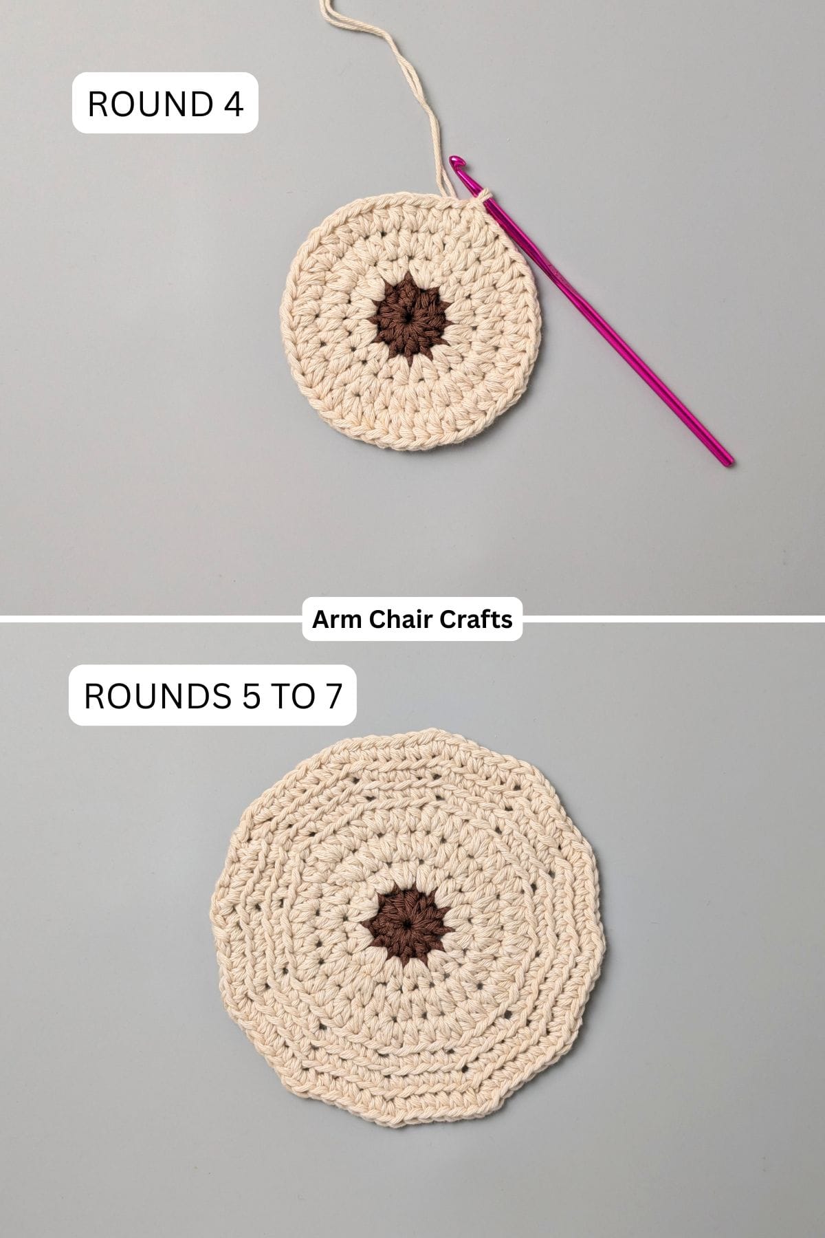 Rounds 4 to 7 for making a crochet sheep coaster.