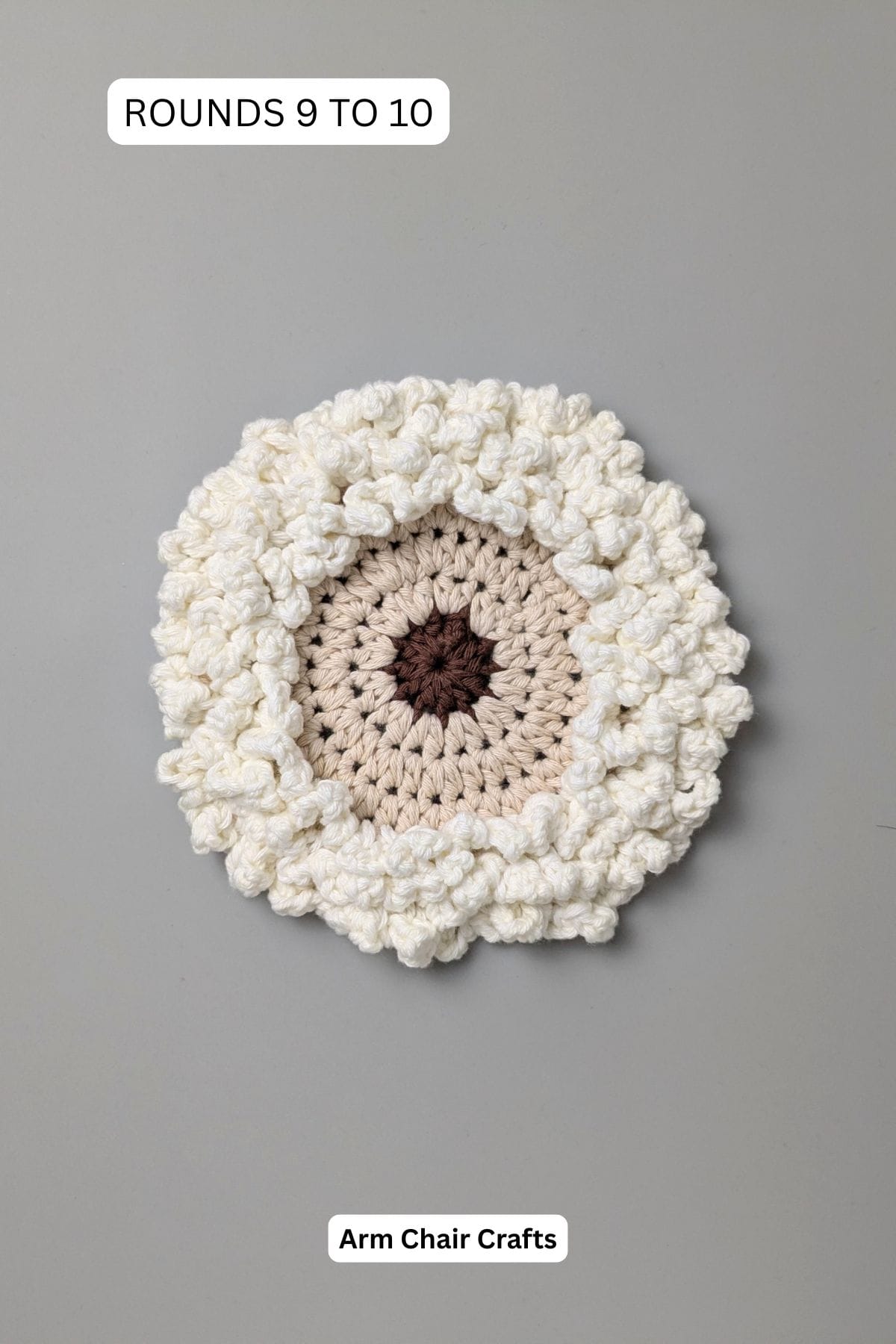 Rounds 9 to 10 for making a crochet sheep coaster.