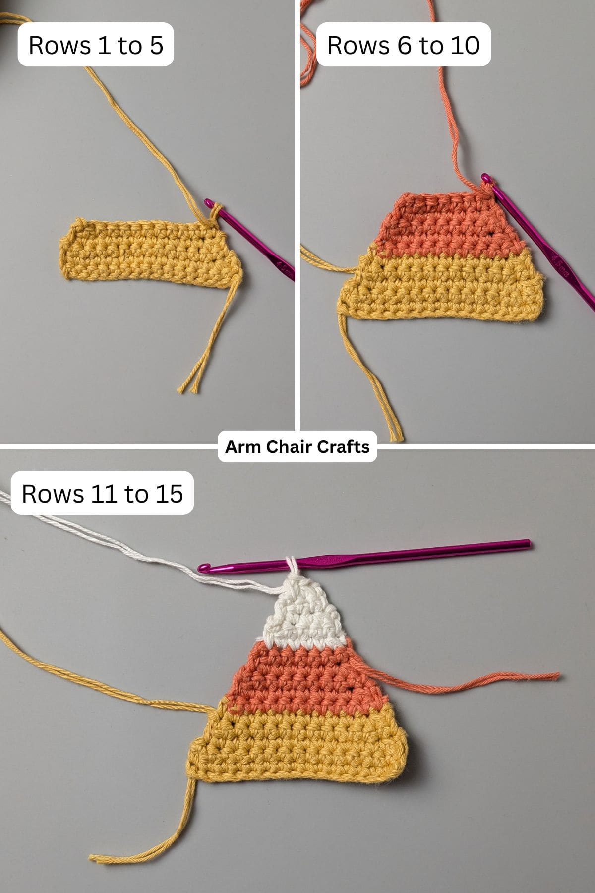 Process crochet candy corn coasters.